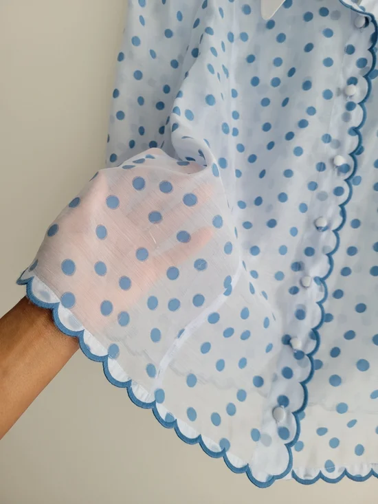 MAEVE by Anthropologie Blue Puff Shoulder Collared Polka Dot Sheer Blouse - Picture 9 of 10